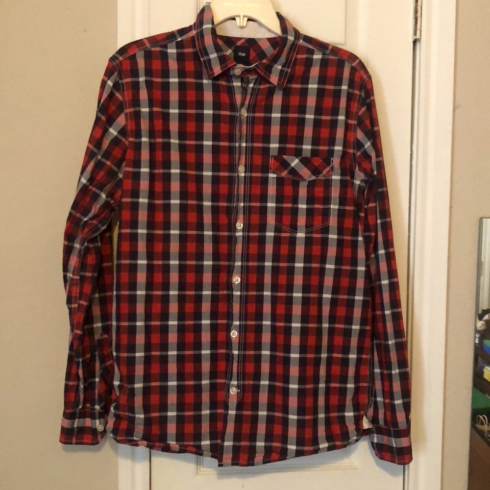 👔 GAP Men’s Red, White & Navy Blue Plaid Shirt. M. Great Condition.